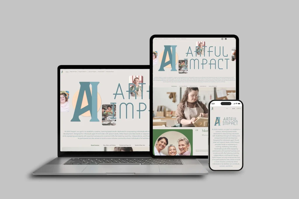Responsive web design mockup of the Artful Impact website displayed on a laptop, tablet, and smartphone — showing the homepage with large 'Artful Impact' letterform branding, photos of participants with special needs working on art projects, and program category links