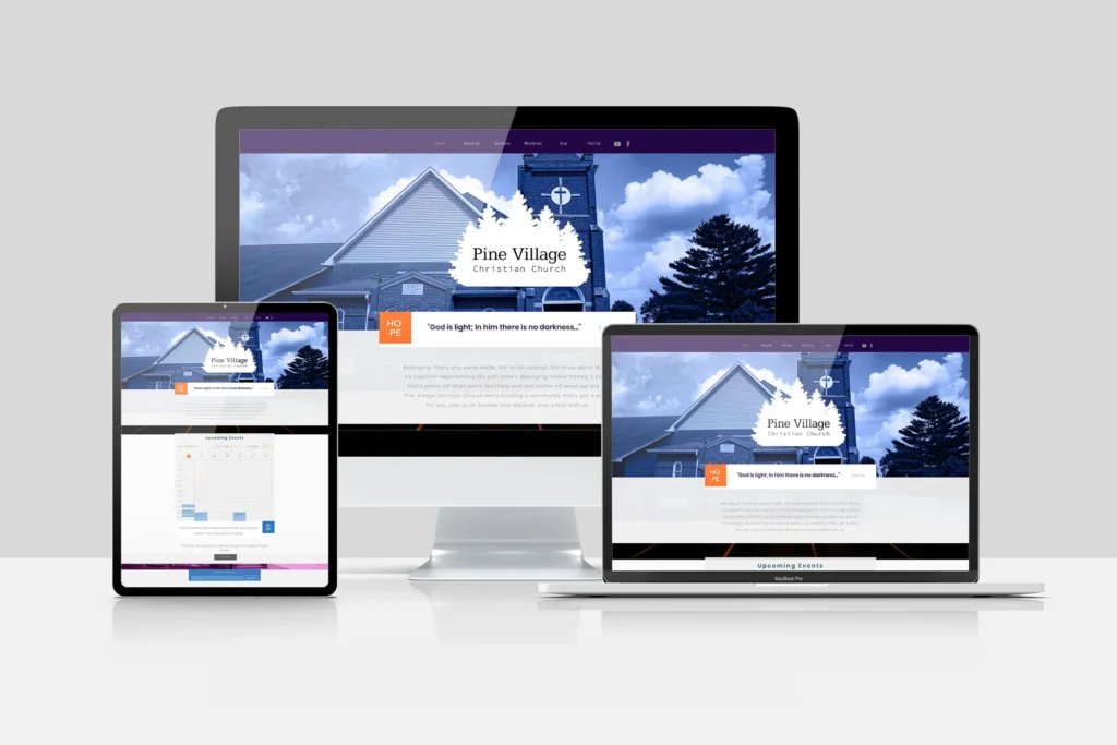 Responsive web design mockup of the Pine Village Christian Church website displayed on a desktop monitor, laptop, and tablet — showing the homepage with a blue-toned church building photo, Pine Village Christian Church logo, and a scripture quote