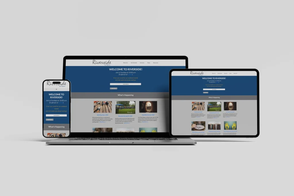 Responsive web design mockup of the Riverside Community Church website displayed on a laptop, tablet, and smartphone — showing the 'Welcome to Riverside!' homepage with a navy blue header, email signup form, and 'What's Happening' news section