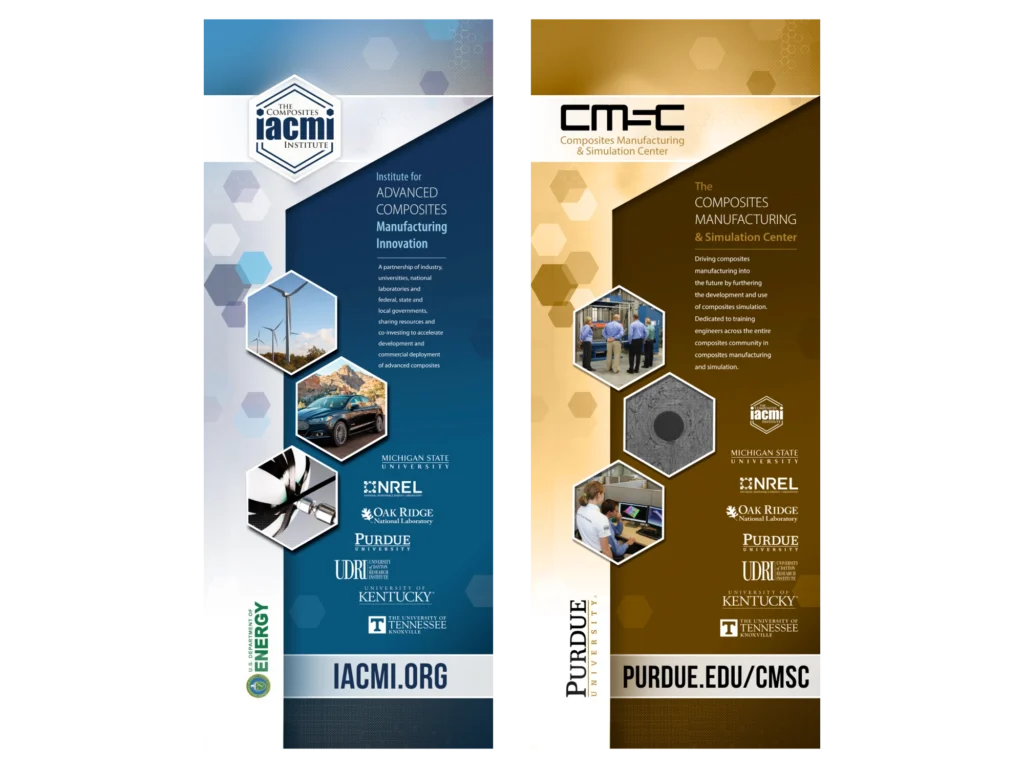 Paired pull-up banner stands for IACMI and Purdue's CMSC, using blue and gold hexagon layouts with composites research photos and partner university logos