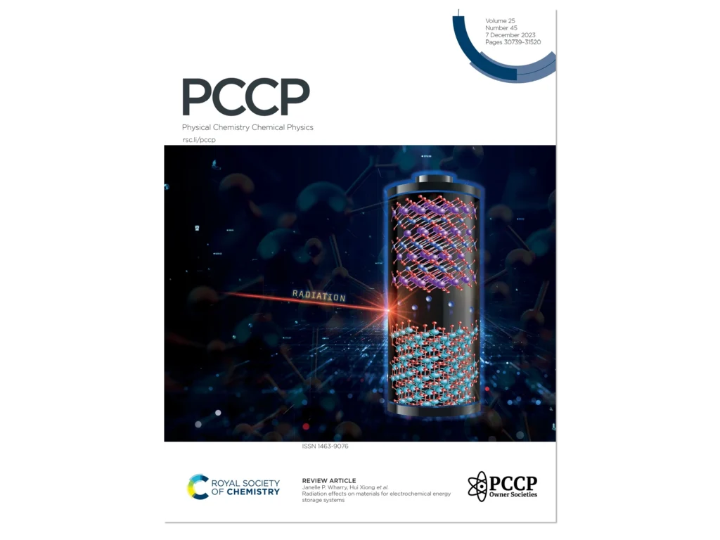PCCP journal cover for the Royal Society of Chemistry showing a battery cell with crystalline electrode structures struck by a radiation beam, for a Wharry and Xiong review article
