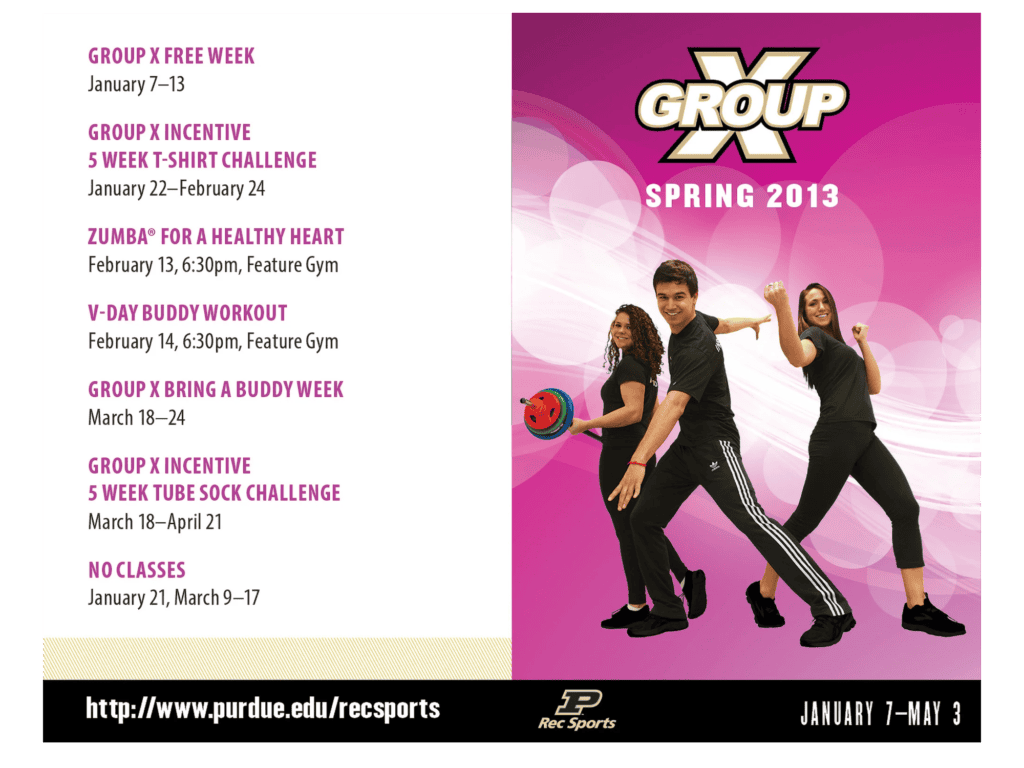 Pink rack card advertising Purdue Rec Sports Group X fitness classes for Spring 2013, listing the schedule of events beside three instructors posing in workout gear.