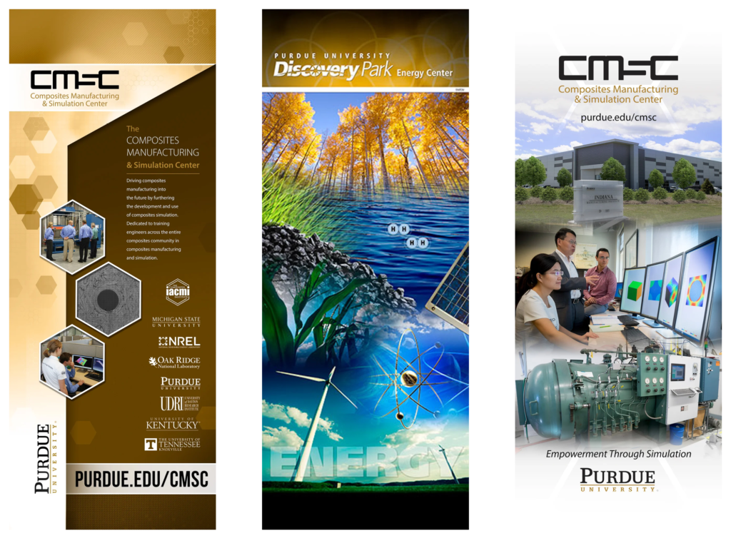 Three retractable banner designs for Purdue's Composites Manufacturing and Simulation Center, showing program information, partner logos, an energy graphic, and a lab photo.