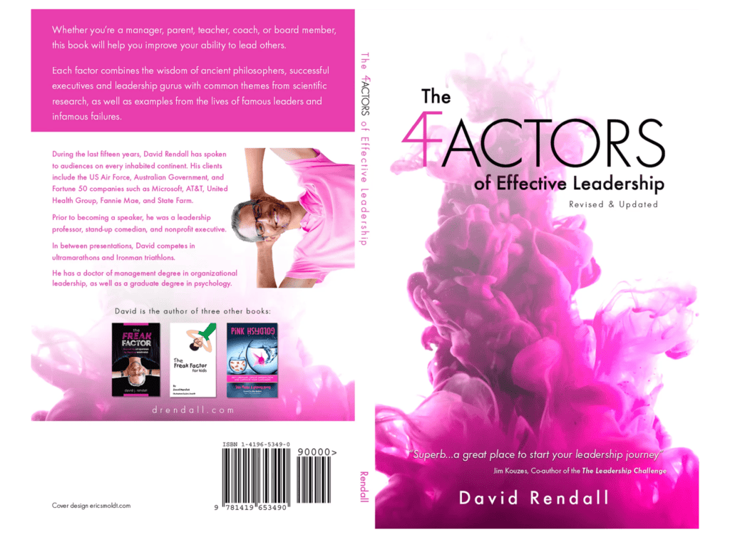 Full wraparound book cover for The 4 Actors of Effective Leadership by David Rendall, with a pink ink-splash design on the front and author bio and endorsements on the back.