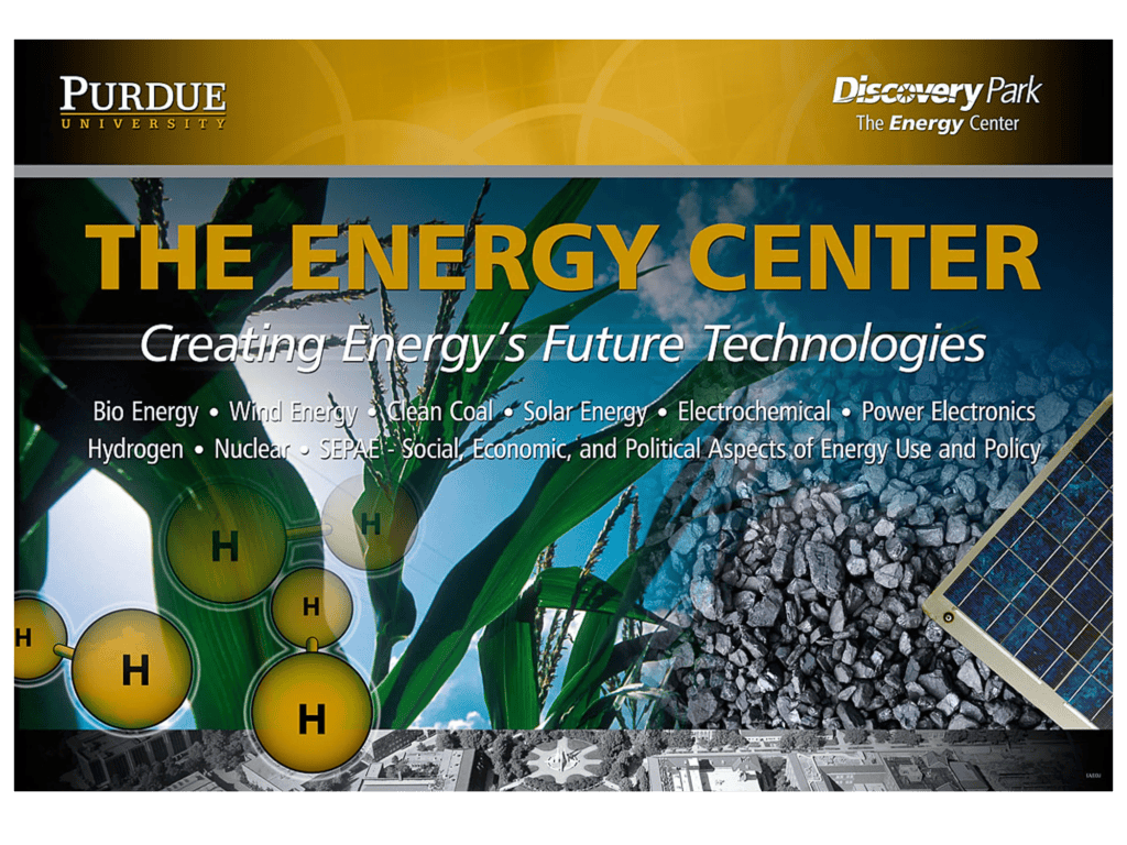 Poster for Purdue's Discovery Park Energy Center titled Creating Energy's Future Technologies, listing research areas over an image of corn, coal, and a solar panel.