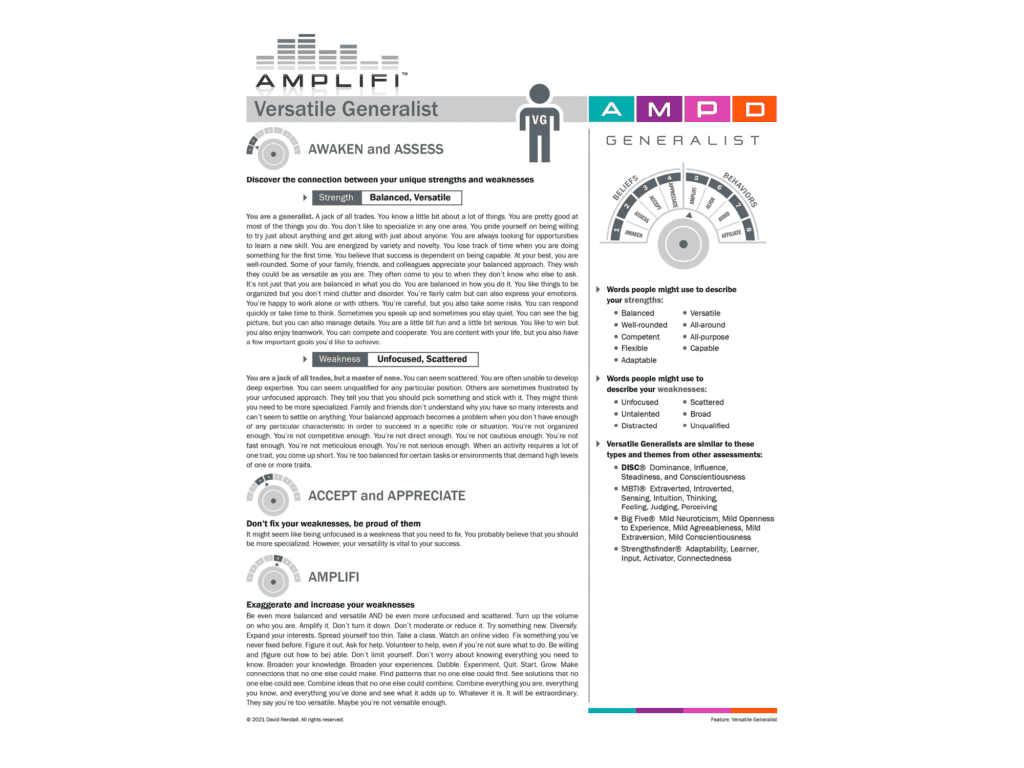 Report page from the AMPLIFI personality assessment describing the Versatile Generalist type, with strength and weakness sections and a circular AMPLIFI gauge diagram.