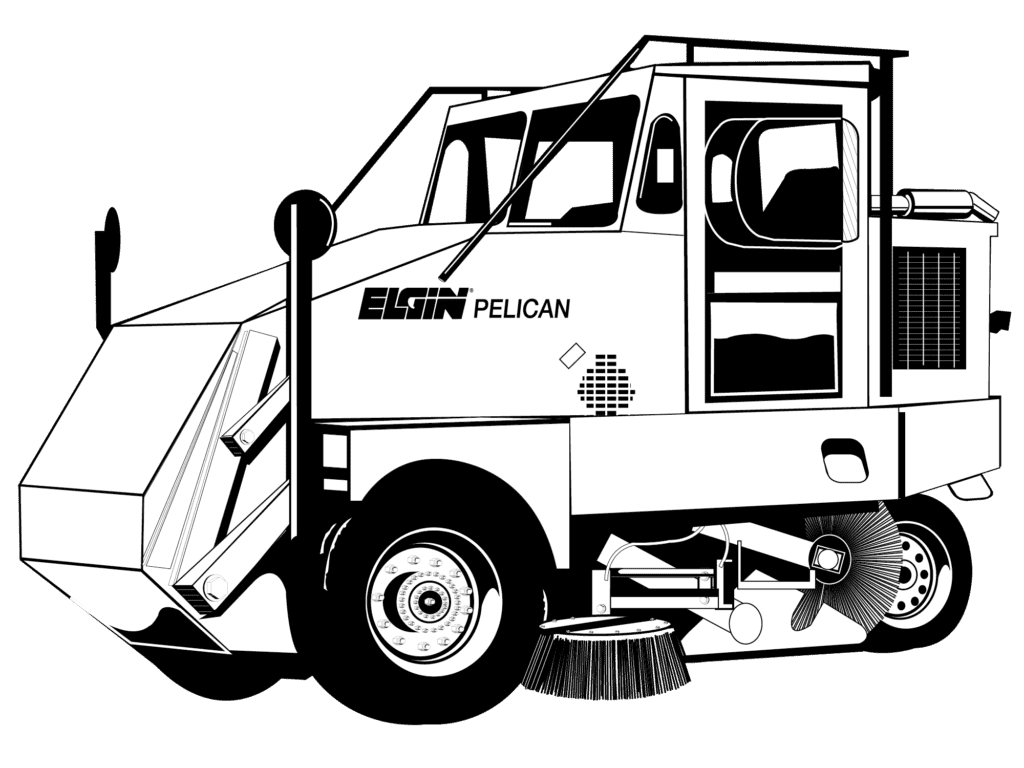 Black and white line illustration of an Elgin Pelican street sweeper truck shown in side profile, with its cab, brushes, and hopper labeled.