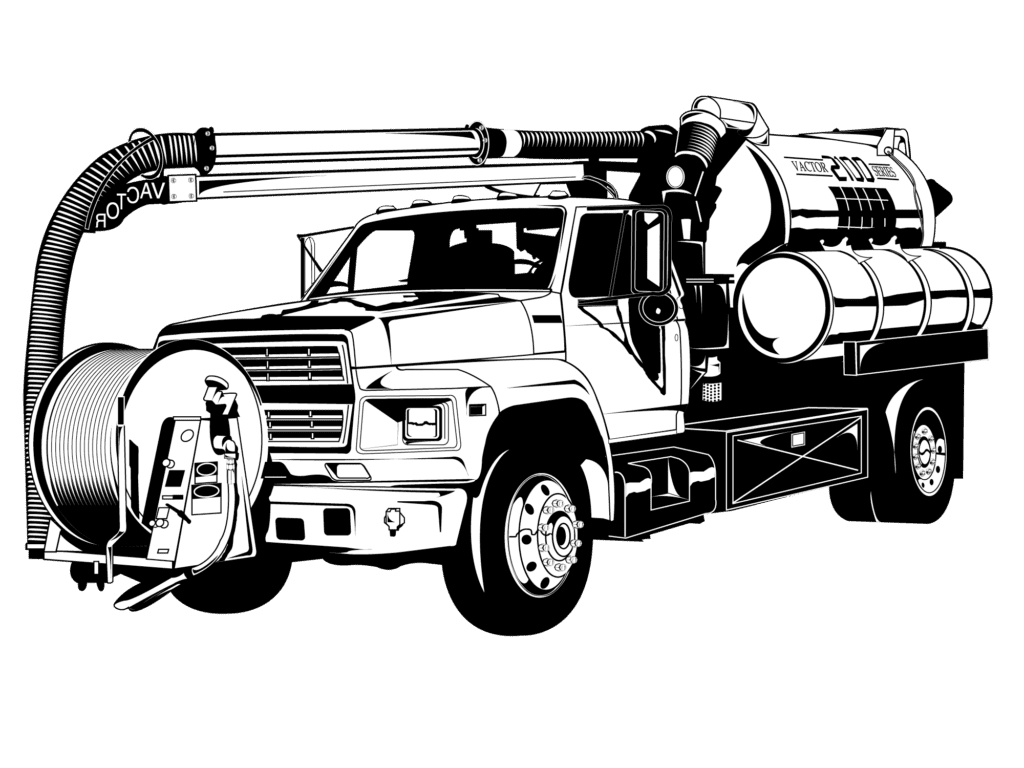 Black and white line illustration of a Vactor 2100 Series combination sewer cleaning truck, showing its cab, hose reel, and debris tank.
