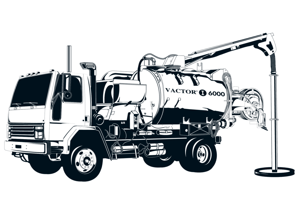 Black and white line illustration of a Vactor I 6000 vacuum truck with its extended boom arm lowering a hose into a manhole.