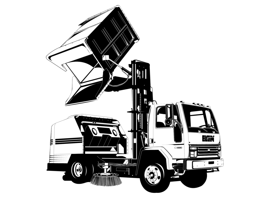 Black and white line illustration of an Elgin street sweeper truck with its hopper lifted and tilted to dump debris from an elevated hoist arm.