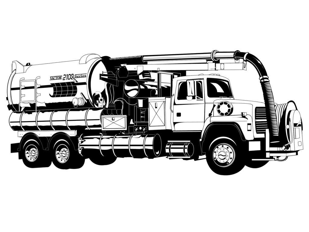 Black and white line illustration of a Vactor 2100 Series vacuum truck showing the tank, hose reel, and internal plumbing components in detail.