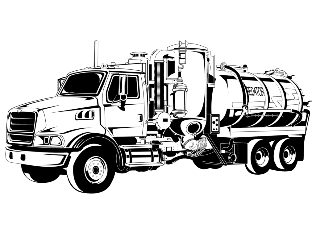 Black and white line illustration of a Predator combination vacuum truck, showing its cab, tank, and rear-mounted hose and hardware.
