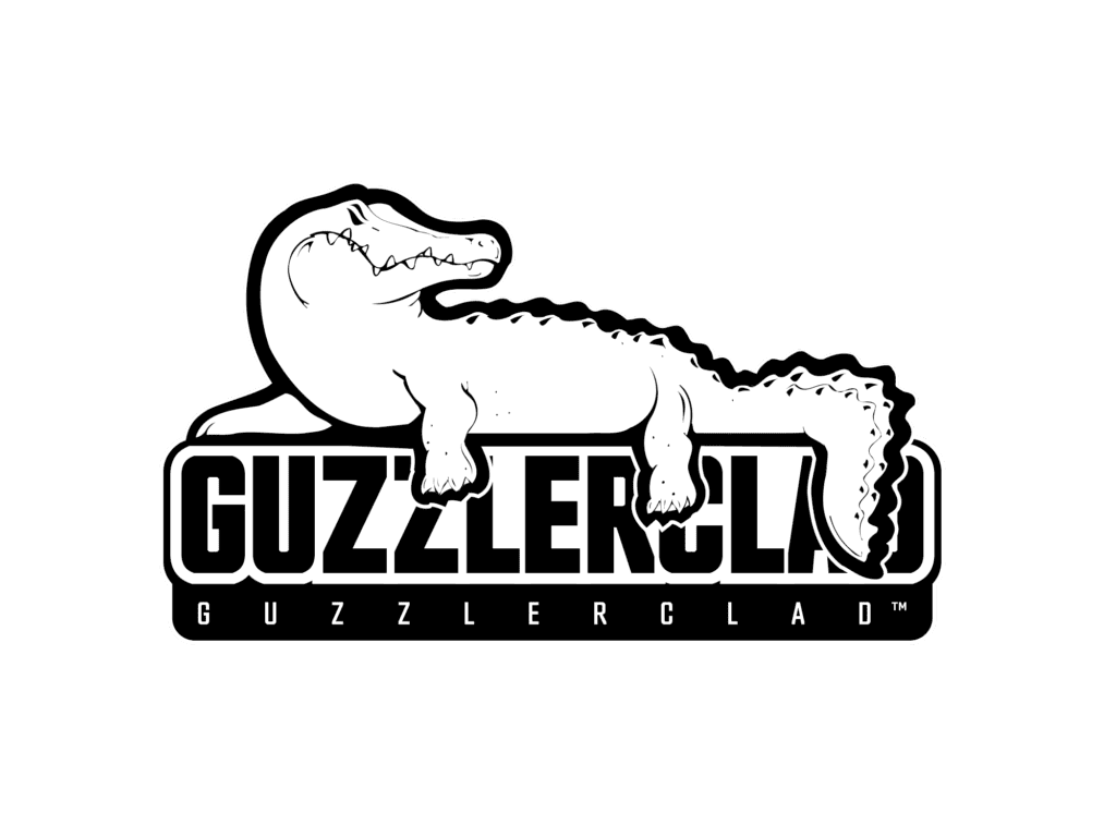 Black and white logo for Guzzlerclad featuring an alligator reclining on top of bold block lettering that spells the brand name, with a smaller wordmark on a black bar below.