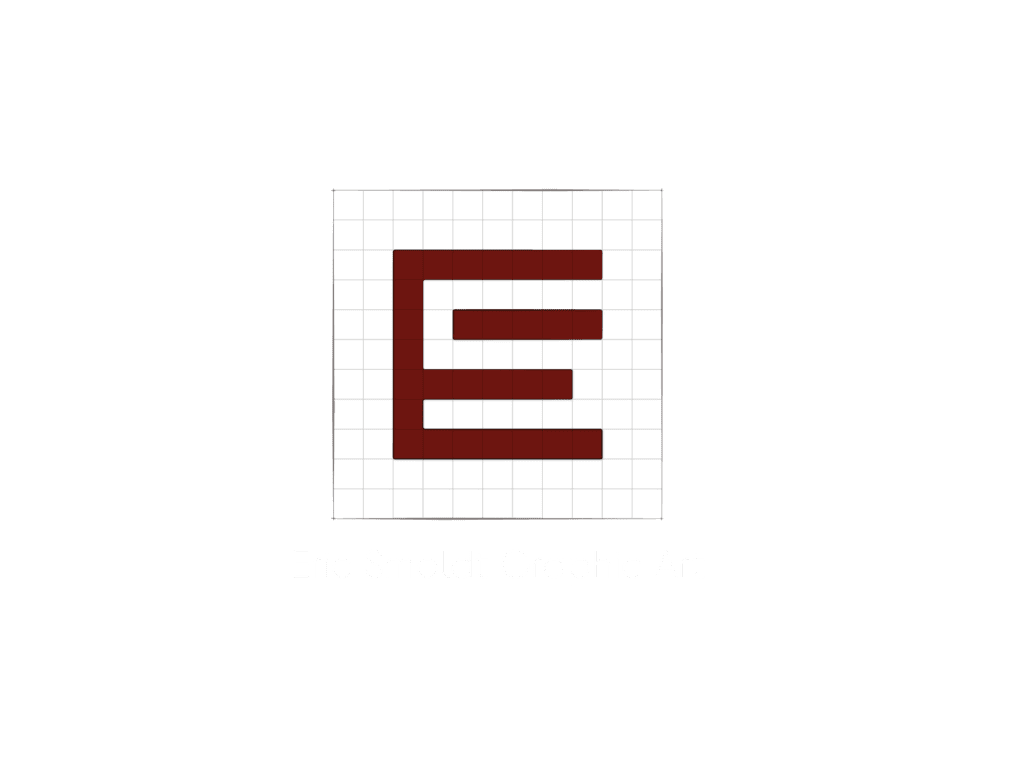 Logo for Eric Smoldt Graphic Art featuring a dark red maze-style monogram of the letter E on a design grid, with the studio name in a thin sans-serif font below.
