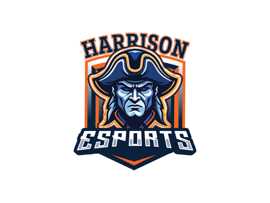 Logo for Harrison Esports featuring a stern pirate mascot in a tricorn hat on a navy and orange shield badge, with HARRISON arched above and ESPORTS banner below.