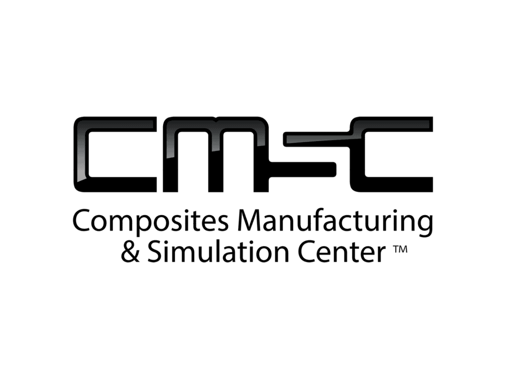 Black logo for the Composites Manufacturing and Simulation Center, showing the stylized CMSC lettermark above the center's full name and trademark symbol.