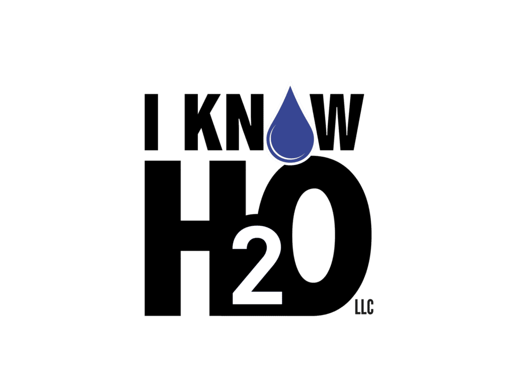 Logo for I Know H2O LLC in bold black lettering, with a blue water droplet placed above the O in H2O and LLC noted in small type.