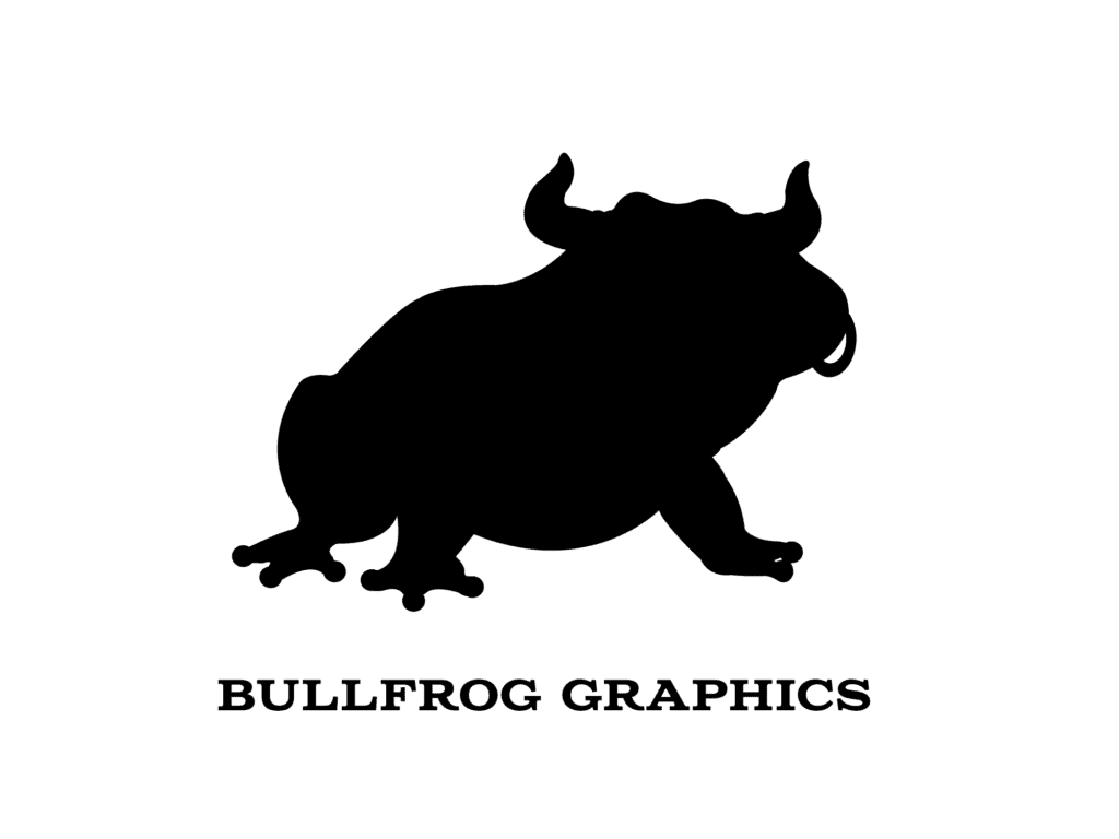 Black silhouette logo of a stylized frog with bull horns and a nose ring for Bullfrog Graphics, with the studio name set in bold serif type below.