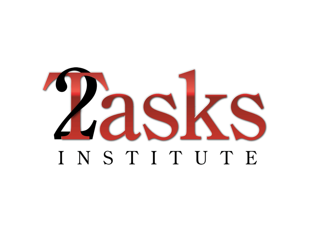 Logo for the 2Tasks Institute with a red and black numeral 2 doubling as the T in a decorative Tasks wordmark, and INSTITUTE spelled out in black letterspaced type below.