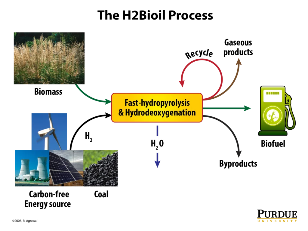 Overview diagram of the H2Bioil process converting biomass, hydrogen, and carbon-free energy through fast-hydropyrolysis and hydrodeoxygenation into biofuel, with photographs of switchgrass, wind, nuclear, solar, and coal sources