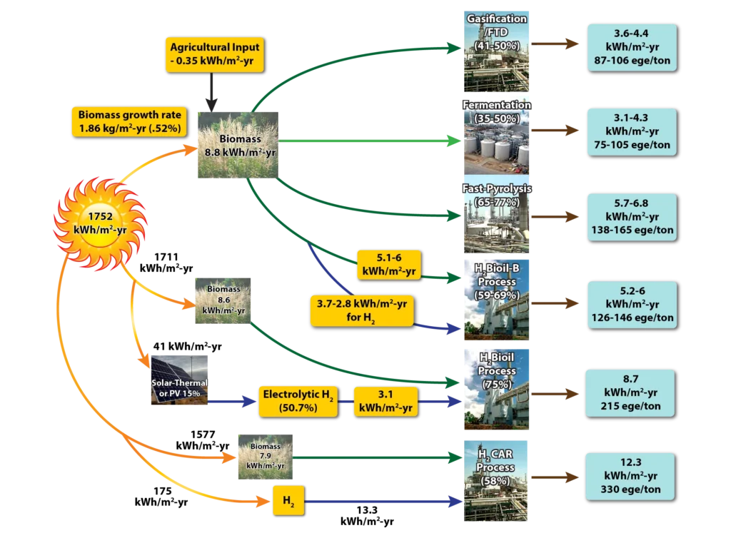 Comparison chart of six biomass-to-fuel conversion pathways, from gasification and fermentation through the H2Bioil and H2CAR processes, with yields in kilowatt-hours per square meter per year and gasoline-equivalent gallons per ton