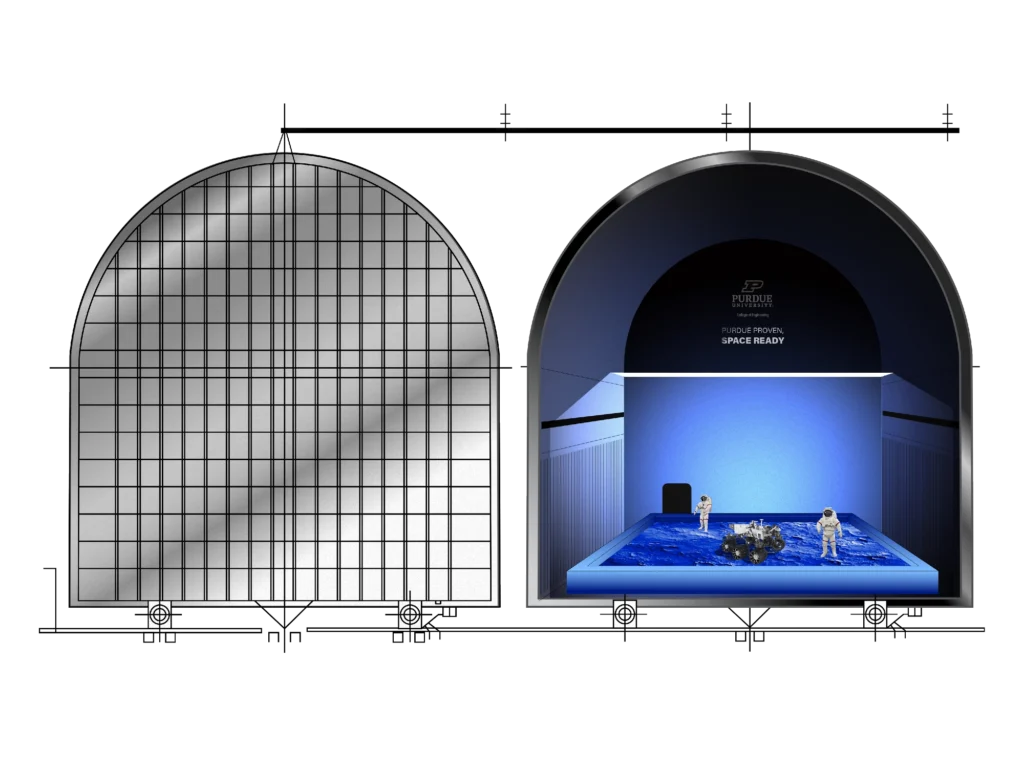 Paired elevation drawings of an arched Purdue space simulation facility, with the sealed paneled exterior at left and a cutaway at right revealing a blue-lit lunar regolith test bed with two astronauts and a rover beneath a Purdue Proven, Space Ready banner