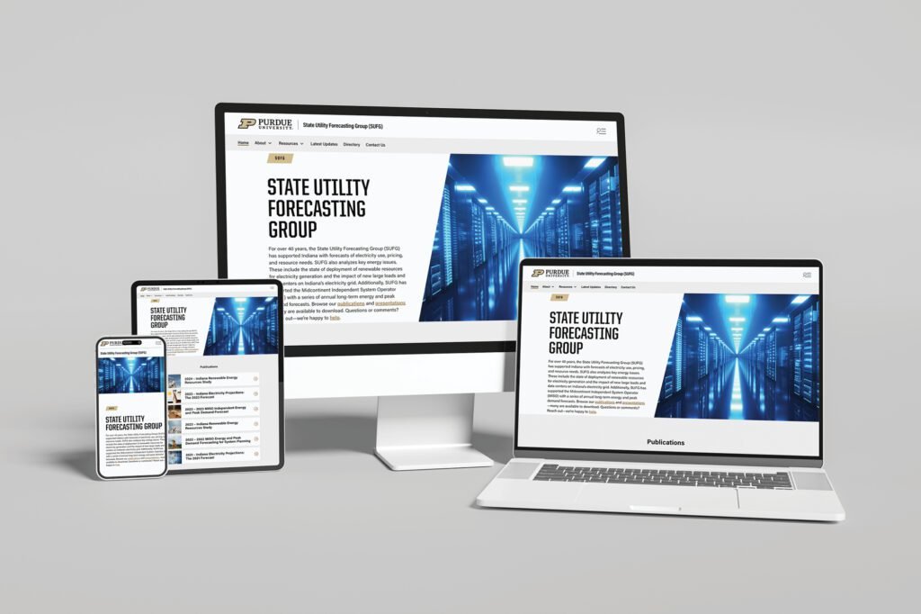 Responsive web design mockup of the State Utility Forecasting Group (SUFG) website displayed on a desktop iMac, tablet, and smartphone, showing the 'State Utility Forecasting Group' homepage with a data center background image