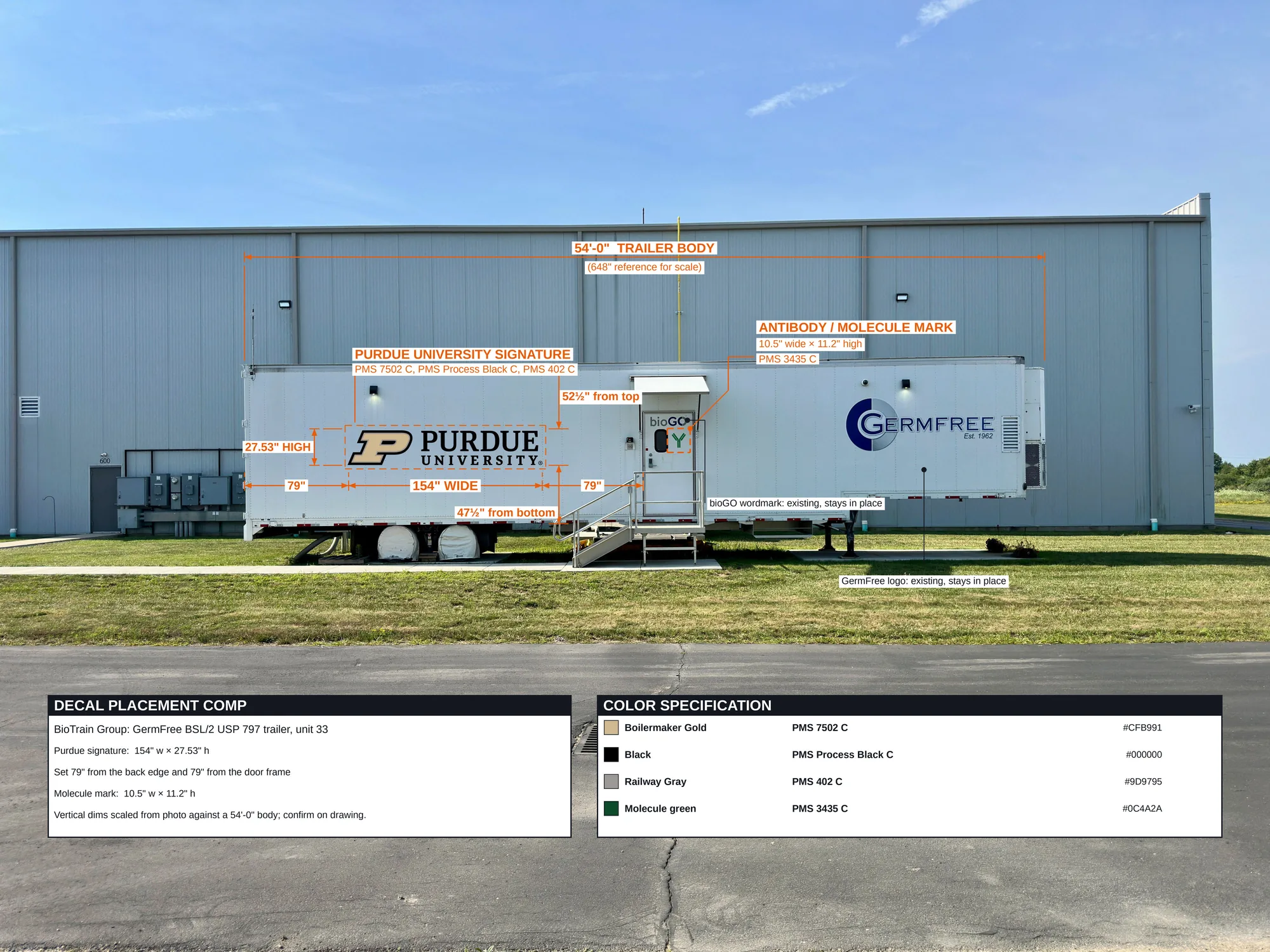 Decal placement comp for the BioTrain trailer showing each graphic’s position, size and color specification.