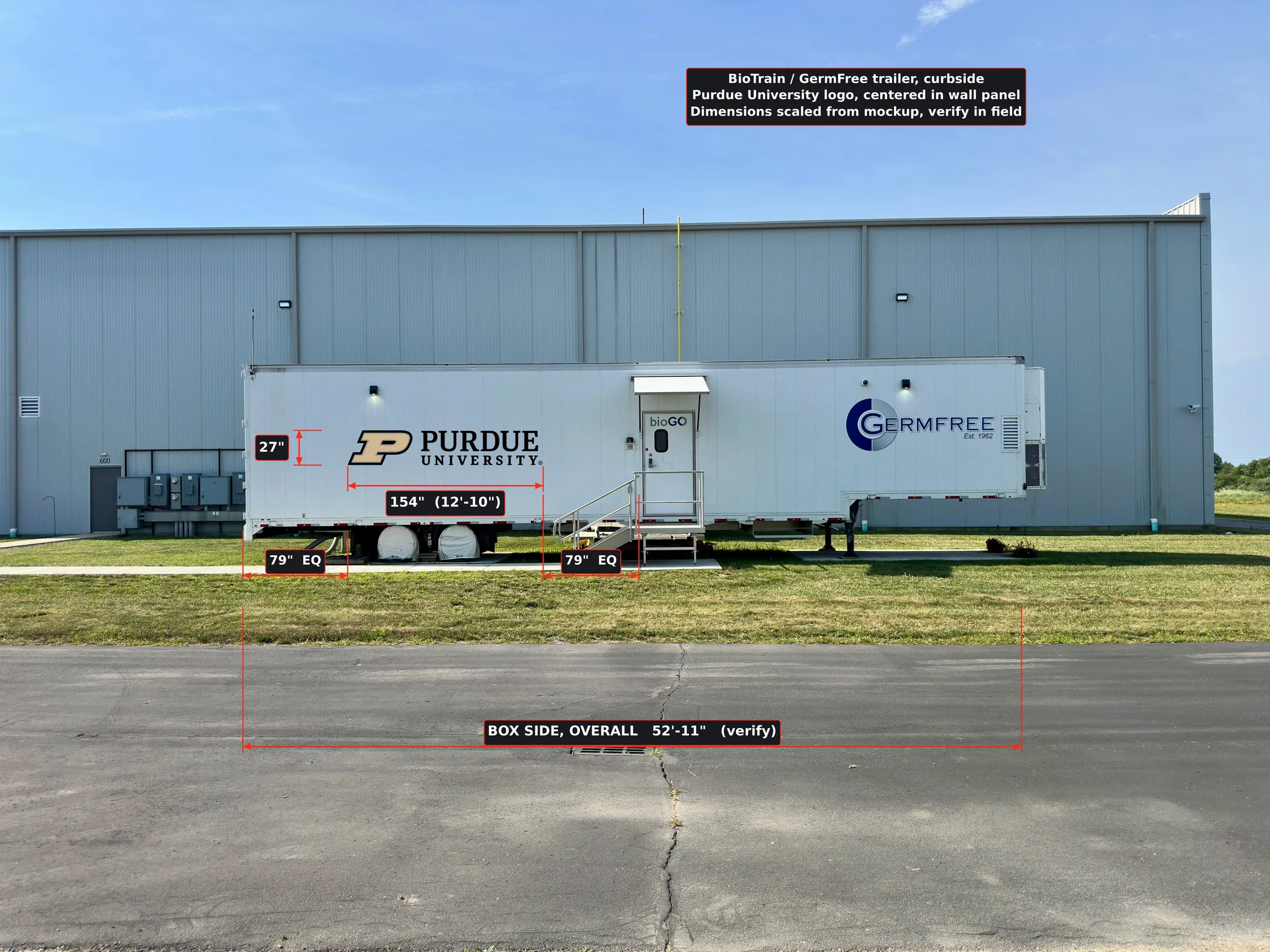 BioTrain trailer photo marked with measurements for the Purdue signature, 154 by 27.53 inches, and the overall box side.