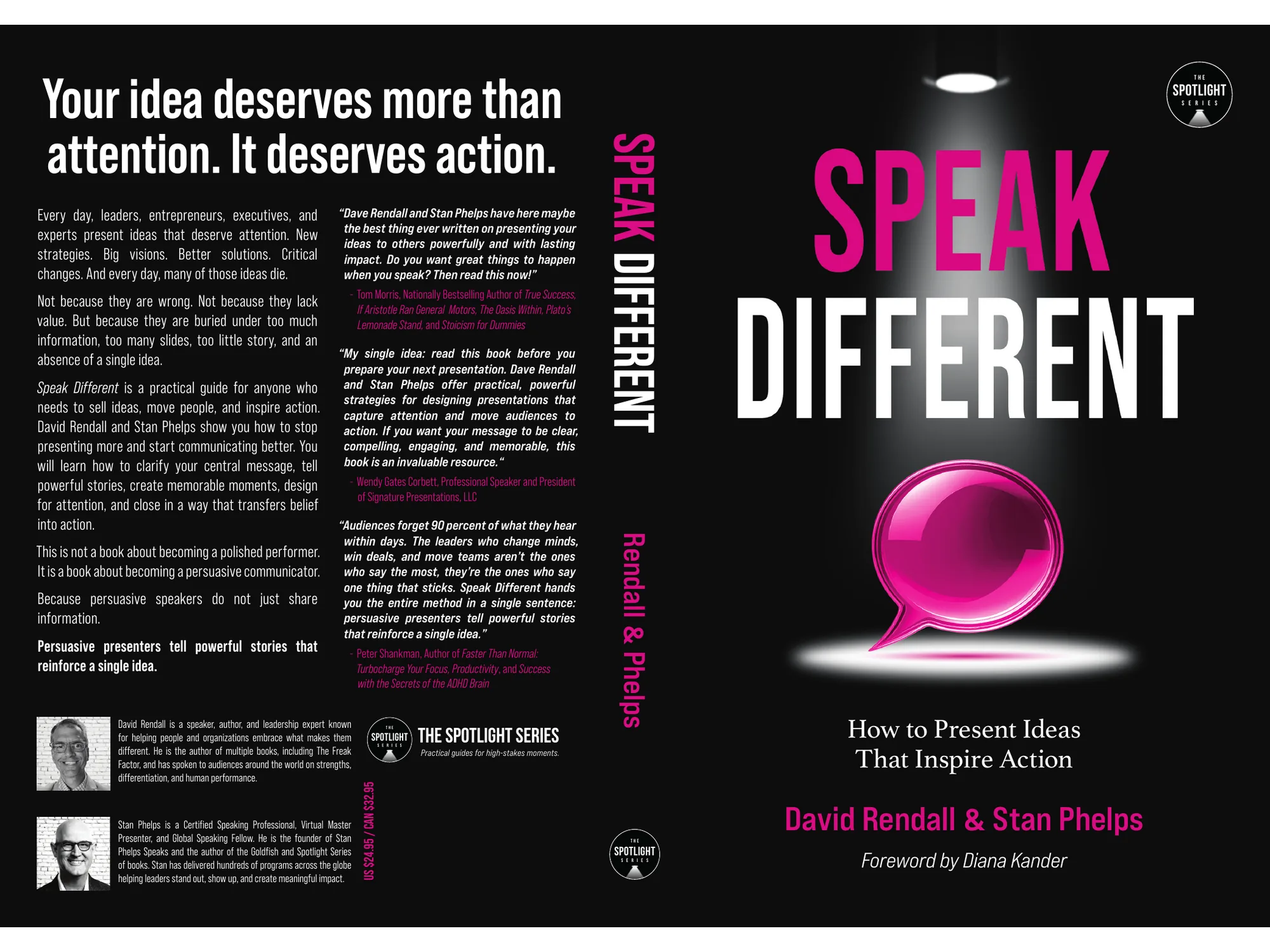 Full print cover for Speak Different by David Rendall and Stan Phelps: back cover copy, spine and a black front cover with a pink title and a glowing speech bubble.