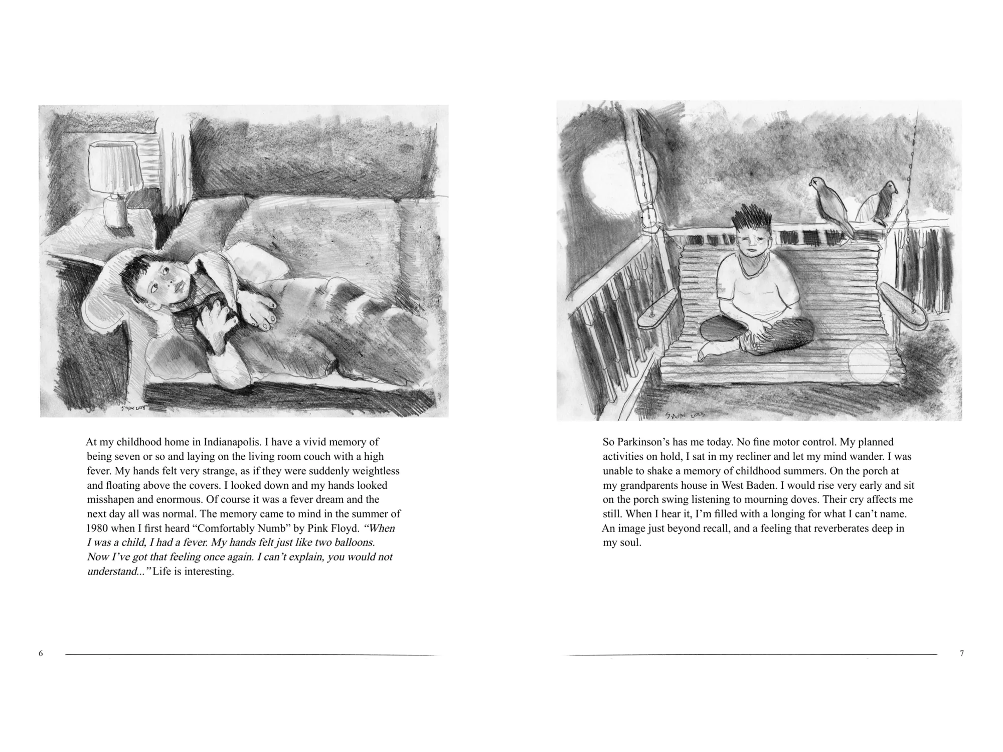 Two-page interior spread from Things Found Along the Way pairing black-and-white illustrations with short passages of text.