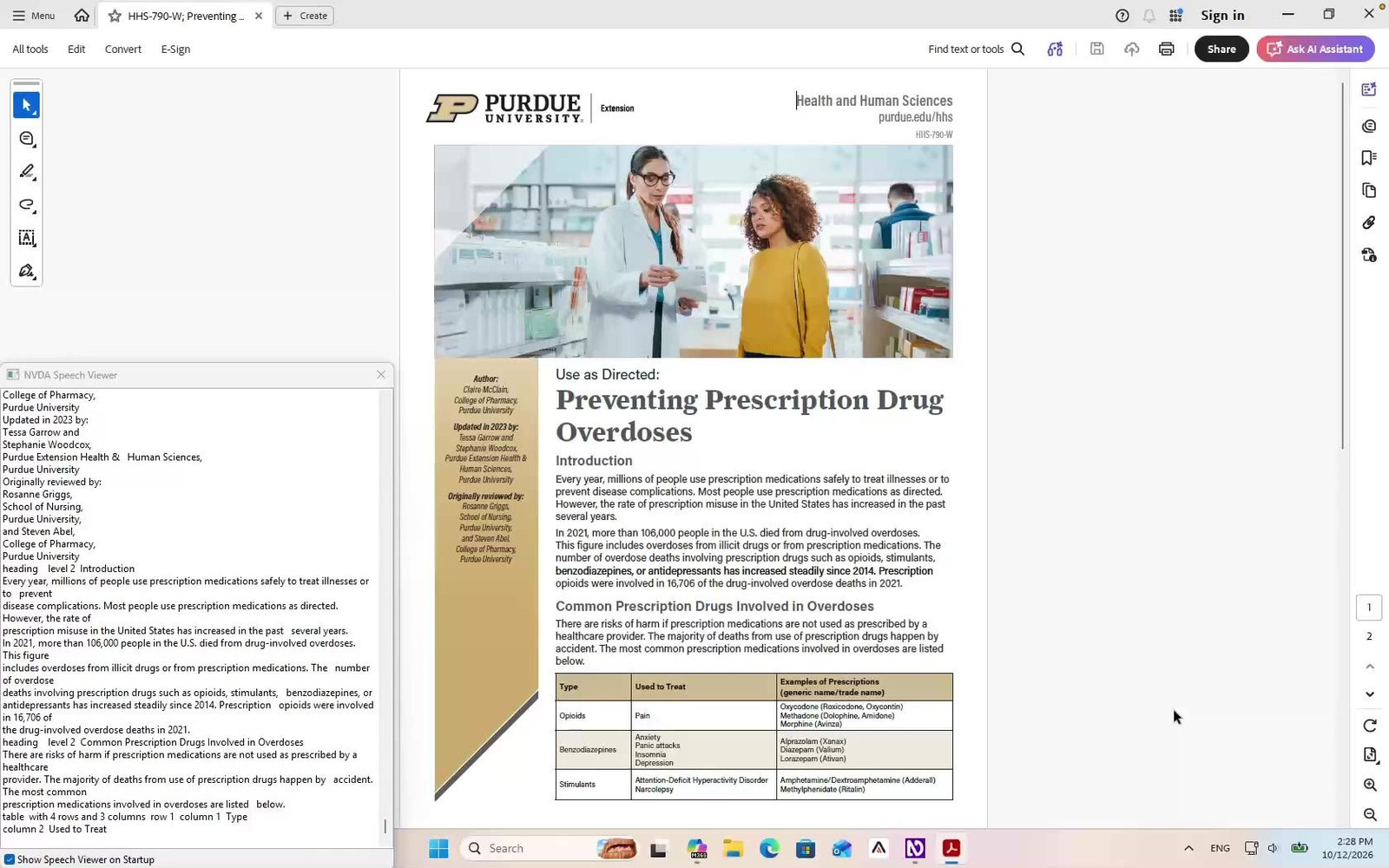 NVDA reading the table in HHS-790-W in Adobe Acrobat Reader, with the Speech Viewer showing the spoken text.