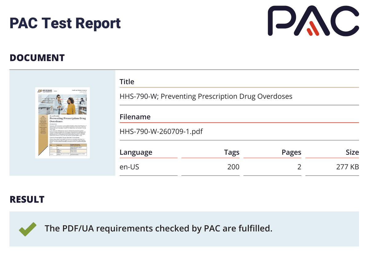 PAC Test Report for HHS-790-W, Preventing Prescription Drug Overdoses, a two-page Purdue Extension publication: 200 tags, language en-US, with the result: the PDF/UA requirements checked by PAC are fulfilled.