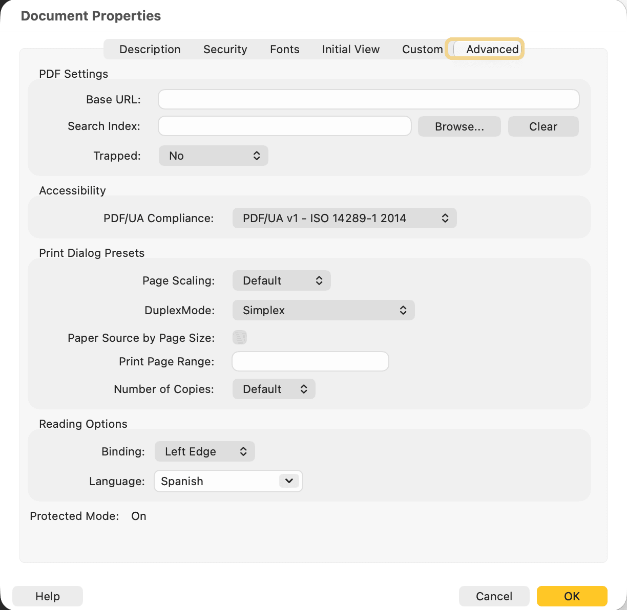 Acrobat Document Properties, Advanced tab, for the Spanish edition: PDF/UA compliance set to PDF/UA v1, ISO 14289-1 2014, and reading language set to Spanish.