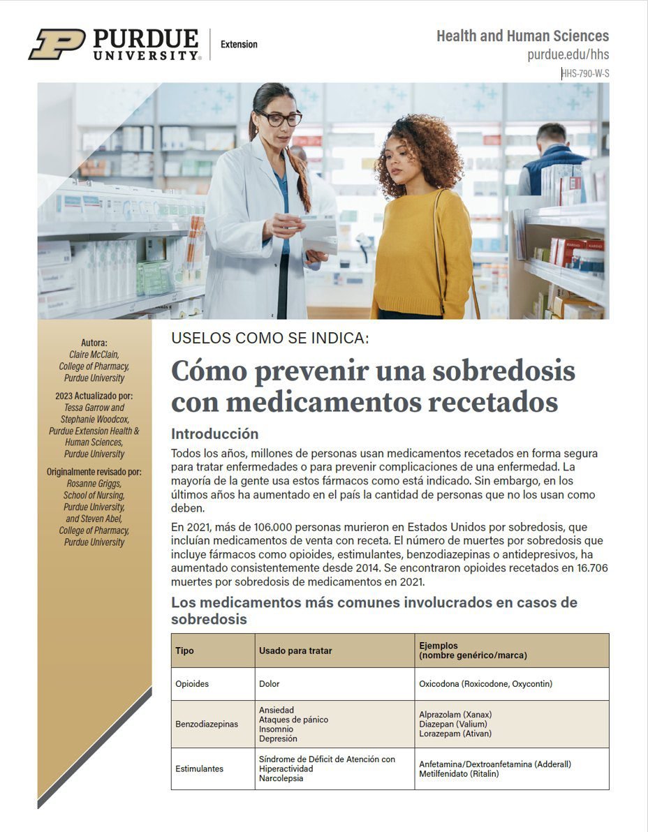 Page one of HHS-790-W-S, Cómo prevenir una sobredosis con medicamentos recetados, a Purdue Extension publication in Spanish with a pharmacist and customer photo, Spanish body text and a table of commonly involved medications.