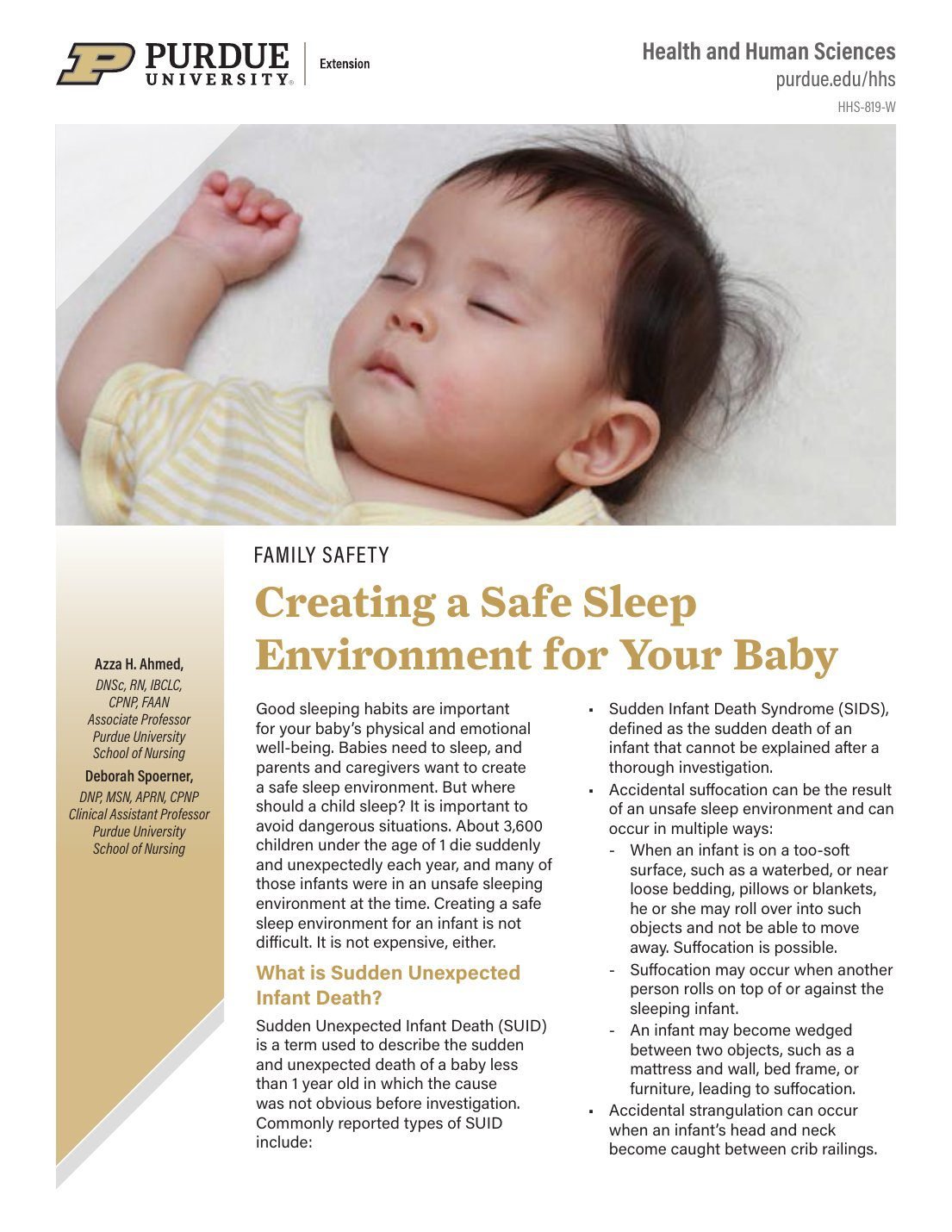 Page one of the 2020 edition of HHS-819-W, Creating a Safe Sleep Environment for Your Baby, with a sleeping infant photo and dense two-column text.