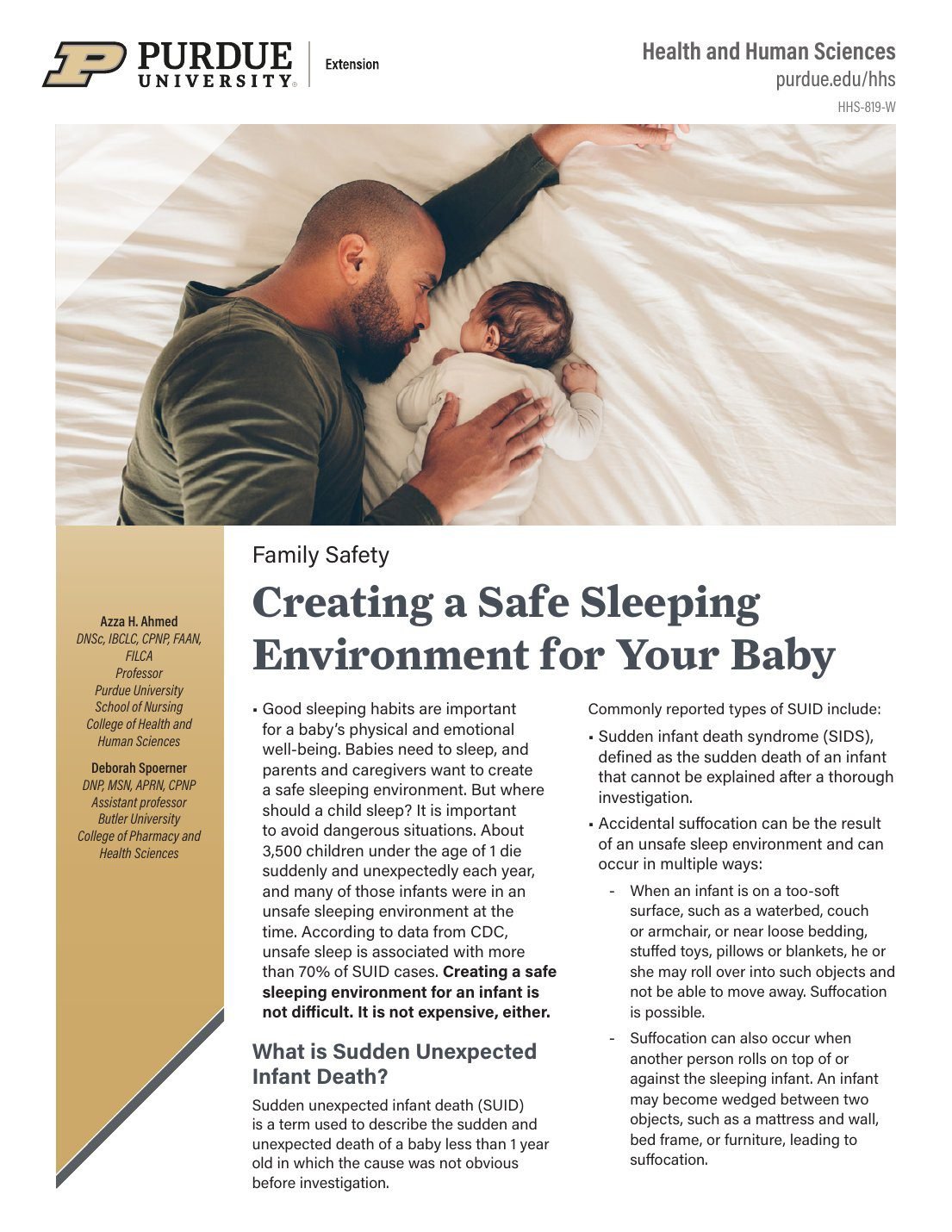 Page one of the March 2026 edition of HHS-819-W, Creating a Safe Sleeping Environment for Your Baby, with a new photo of a parent holding a baby and updated two-column text.