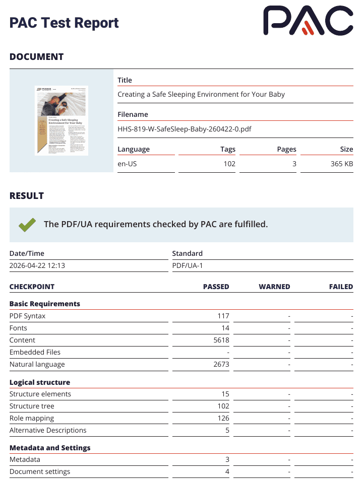 PAC 2026 report dated April 22, 2026, for the final HHS-819-W: language en-US, 102 tags, 3 pages. The PDF/UA requirements checked by PAC are fulfilled, with no failures in any checkpoint.