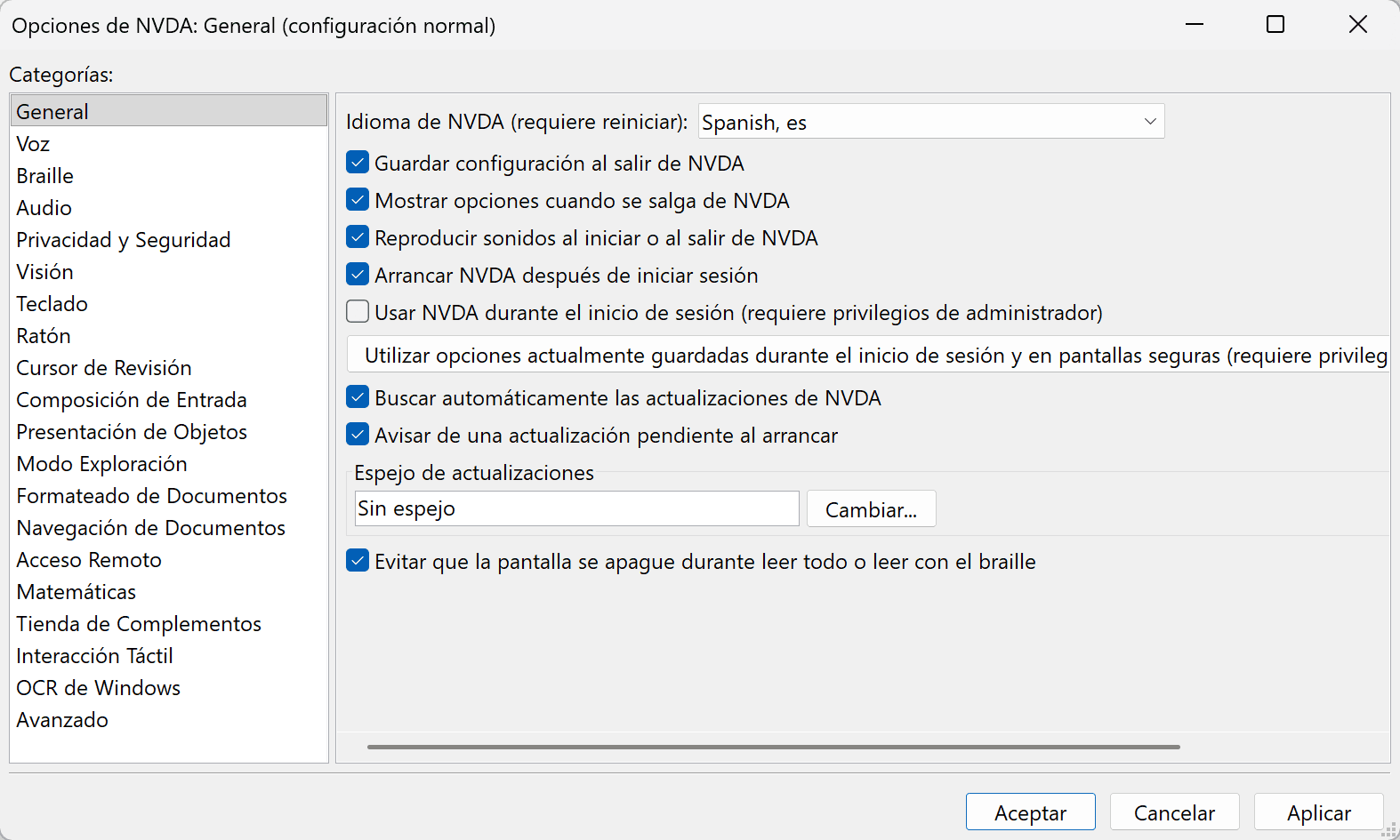 NVDA general settings dialog with the interface in Spanish and NVDA language set to Spanish, es, open over the Spanish publication.