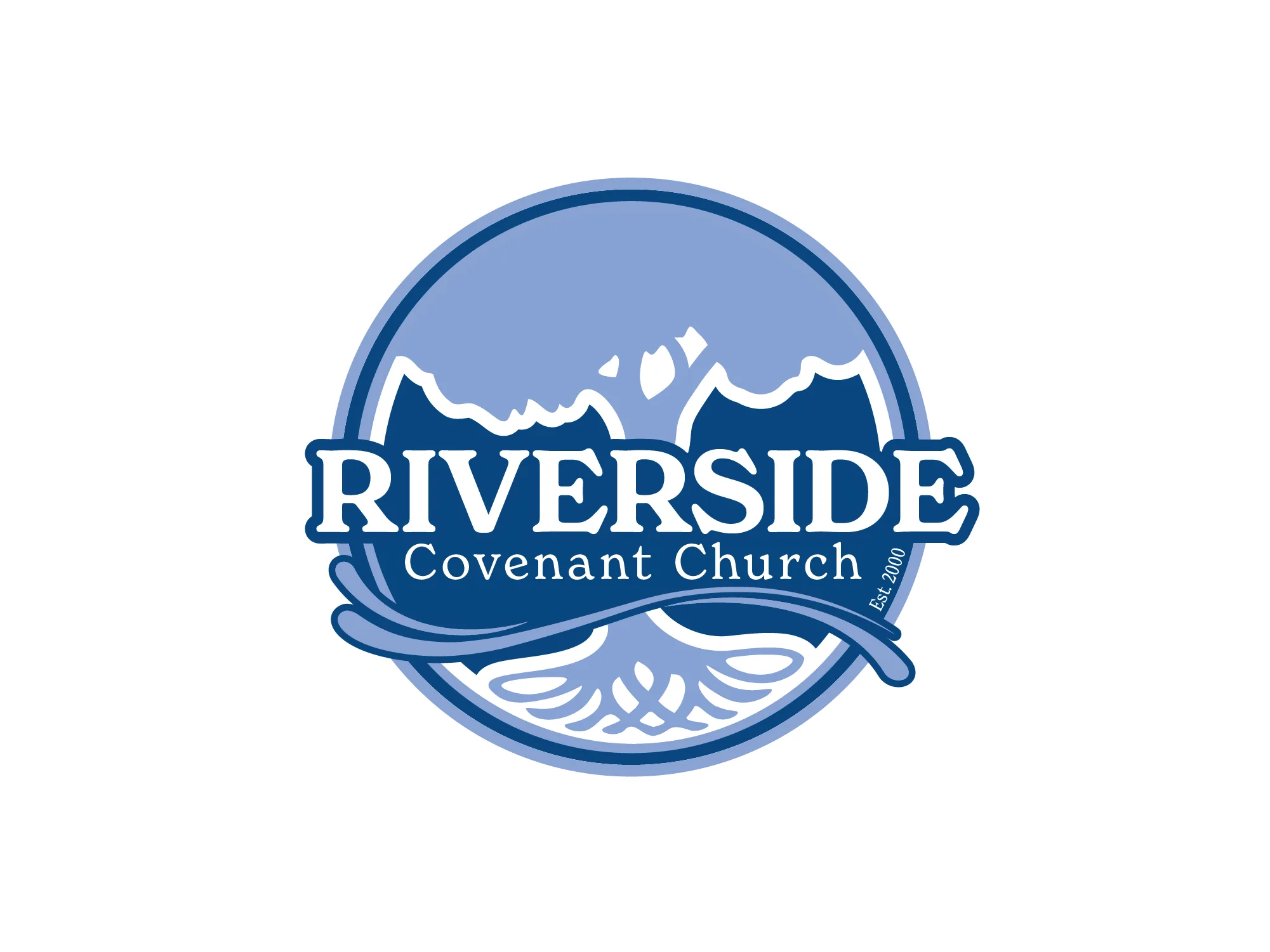 Riverside Covenant Church logo: a blue circular badge with mountains above the name and a river flowing beneath.